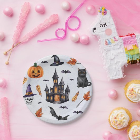 Halloween Waterverf pompoen schedel vleermuis kat Papieren Bordje (Feest)