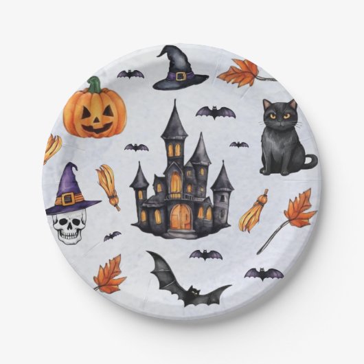 Halloween Waterverf pompoen schedel vleermuis kat Papieren Bordje (Voorkant)