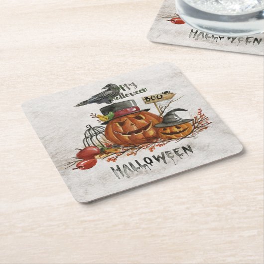 Halloween Waterverf Scary Pumpkins Kartonnen Onderzetters (Schuin)