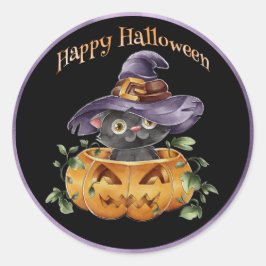 Halloween - Waterverf Schattige Kitting in Pompoen Ronde Sticker