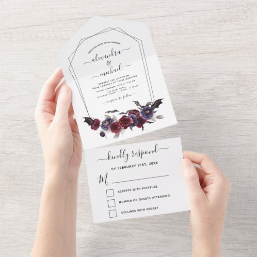 Halloween Wedding Autumn Herfst Dark Burgundy Blac All In One Uitnodiging (Afscheurbaar)