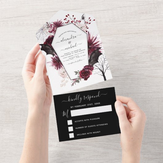 Halloween Wedding Autumn Herfst Dark Burgundy Blac All In One Uitnodiging (Afscheurbaar)