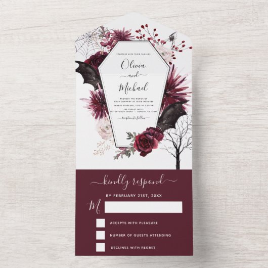 Halloween Wedding Autumn Herfst Dark Burgundy Blac All In One Uitnodiging (Binnen)