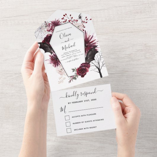 Halloween Wedding Autumn Herfst Dark Burgundy Blac All In One Uitnodiging (Afscheurbaar)