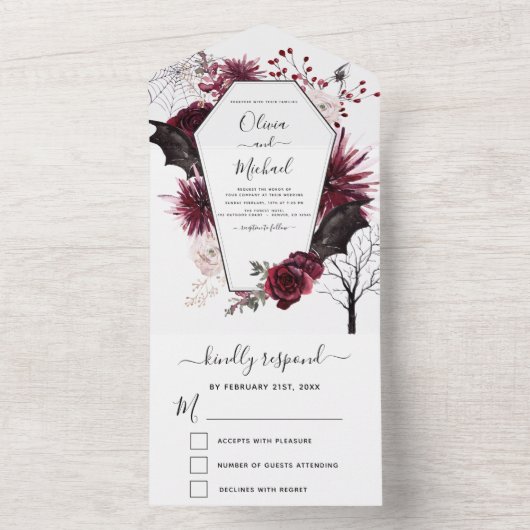 Halloween Wedding Autumn Herfst Dark Burgundy Blac All In One Uitnodiging (Binnen)