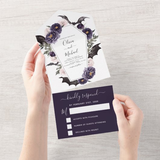 Halloween Wedding Autumn Herfst Donker Paars All In One Uitnodiging (Afscheurbaar)