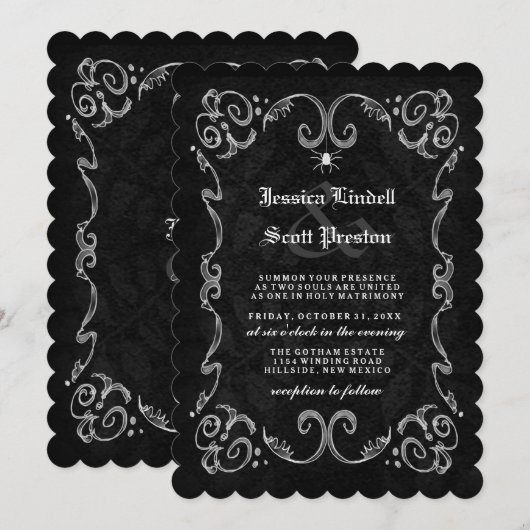 Halloween Wedding Black Gothic NAMES OP BACK Kaart (Voorkant / Achterkant)