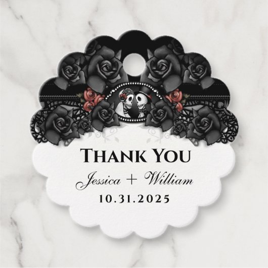 Halloween Wedding Black White Skeletons SCALLOPED Bedankjes Labels (Voorkant)