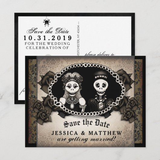 Halloween Wedding Bruin Antiek Skeletten Aankondigingskaart (Voorkant / Achterkant)