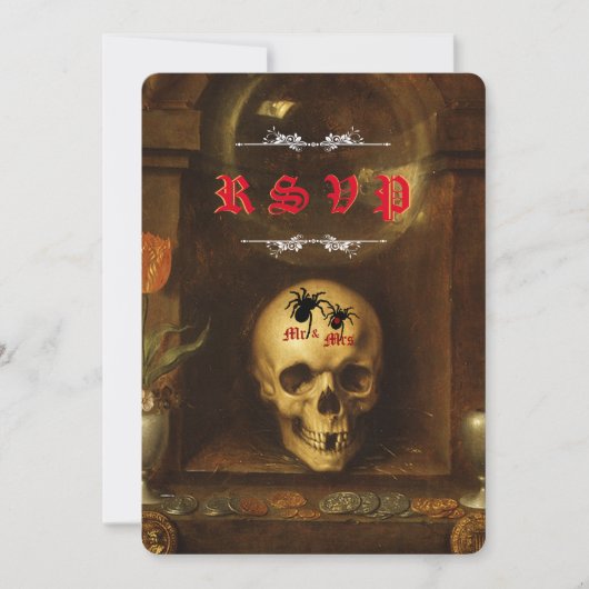 Halloween Wedding Gothic, Skull, Spiders RSVP-kaar Kaart (Voorkant)