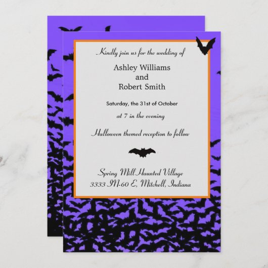 Halloween Wedding Invitation Flat Kaart Black Bats (Voorkant / Achterkant)