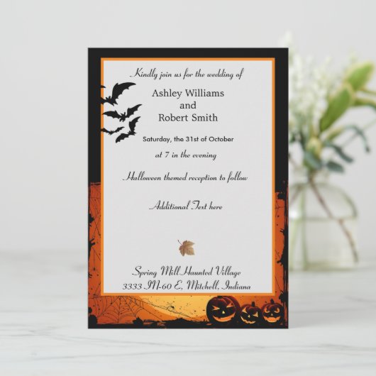Halloween Wedding Invitation Flat Kaart Spooky Bat (Staand voorkant)