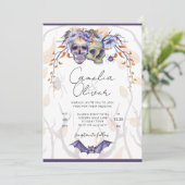 Halloween Wedding Invitation Gothic Skulls Paars Kaart (Staand voorkant)
