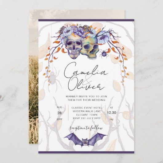 Halloween Wedding Invitation Gothic Skulls Paars Kaart (Voorkant / Achterkant)