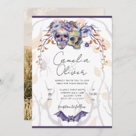Halloween Wedding Invitation Gothic Skulls Paars Kaart