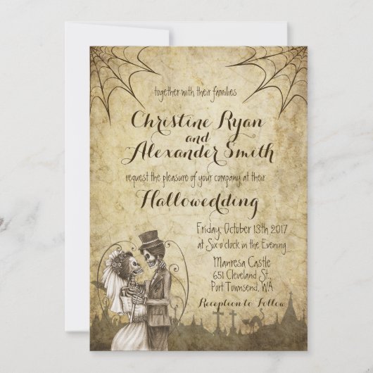 Halloween Wedding Invitation with Skeleton Couple Kaart (Voorkant)