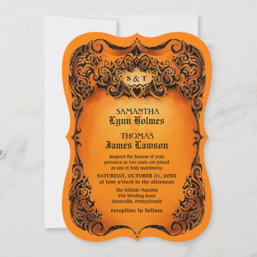 Halloween Wedding Invite - Oranje en zwarte grens Kaart (Voorkant)
