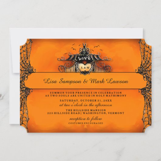 Halloween Wedding Invite - Oranje en zwarte liefde Kaart (Voorkant)