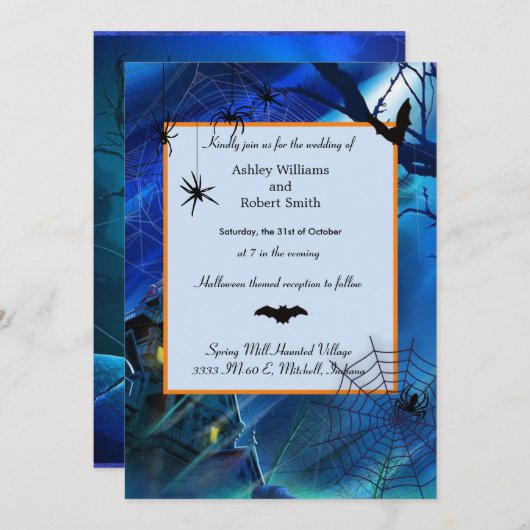 Halloween Wedding Midnight Blue Flat Invitation Kaart (Voorkant / Achterkant)