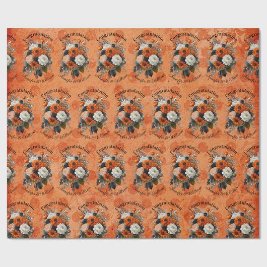 Halloween Wedding Personaliseer Namen Pompoen Mums Cadeaupapier (Vlak)