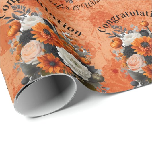 Halloween Wedding Personaliseer Namen Pompoen Mums Cadeaupapier (Rol Hoek)