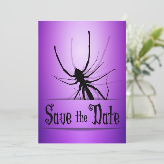 Halloween Wedding Save the Date Kaart Paarse Spide (Staand voorkant)