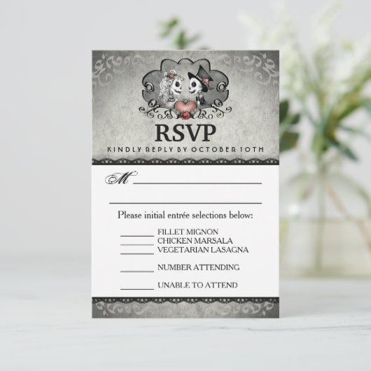 Halloween Wedding Zwart Grijs Matching Menu RSVP (Staand voorkant)