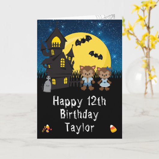 Halloween Weerwolf Blauw Gelukkige Verjaardag Kaart (Gele Bloem)