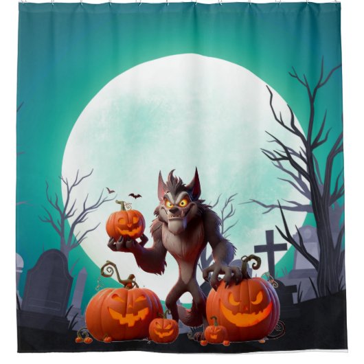 Halloween weerwolf en pompoenen douchegordijn (Voorkant)