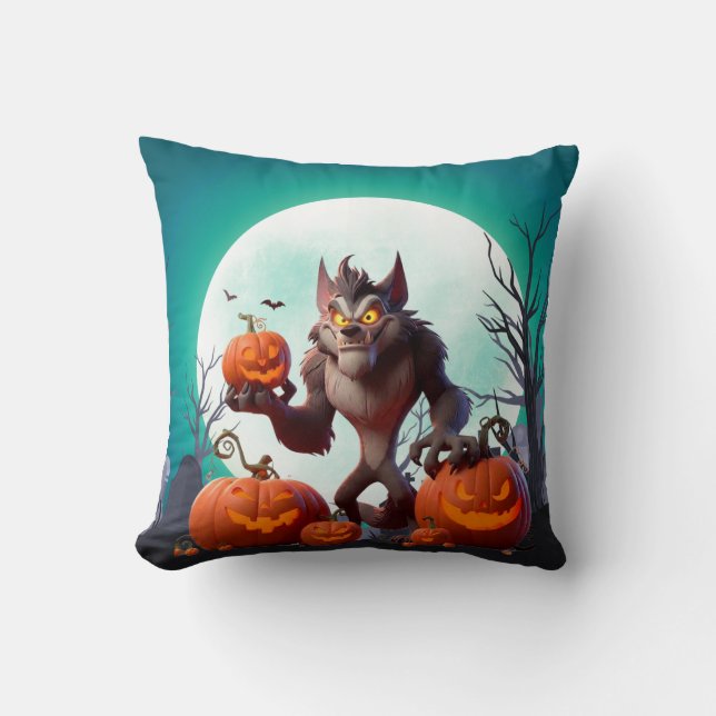 Halloween weerwolf en pompoenen kussen (Voorkant)