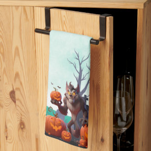 Halloween weerwolf en pompoenen theedoek