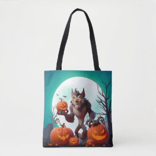Halloween weerwolf en pompoenen tote bag