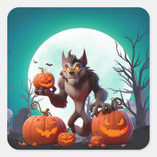 Halloween weerwolf en pompoenen vierkante sticker