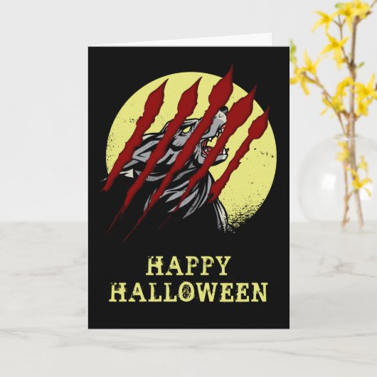 Halloween weerwolf enge huilende wolf kaart (Gele Bloem)