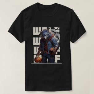 Halloween weerwolf houden pompoen met snoep t-shirt