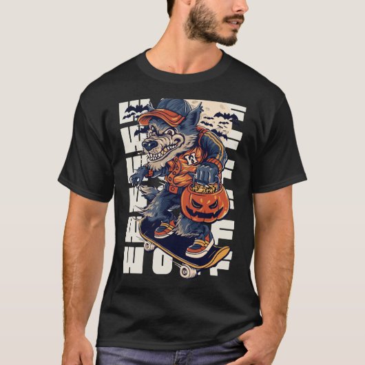 Halloween Weerwolf Op Skateboard Grappig T-Shirt (Voorkant)