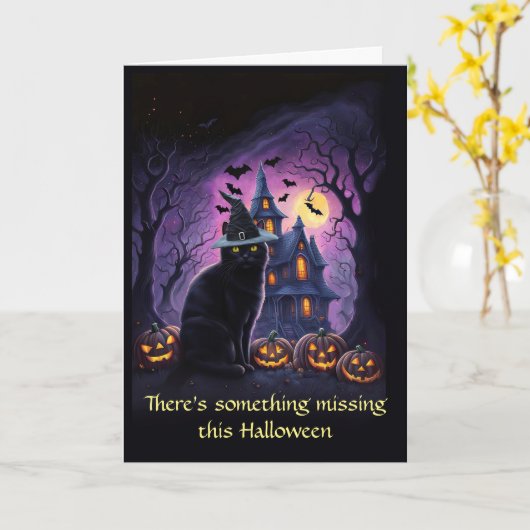 Halloween weg bij College Schattige Witchy Cat Kaart (Gele Bloem)