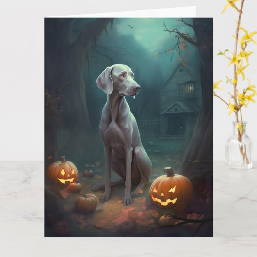 Halloween Weimaraner Met Pompoenen Eng Kaart (Gele Bloem)