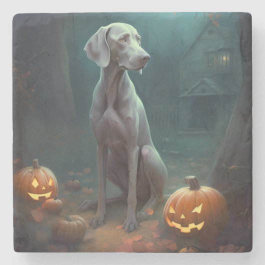 Halloween Weimaraner met pompoenen eng Stenen Onderzetter (Voorkant)