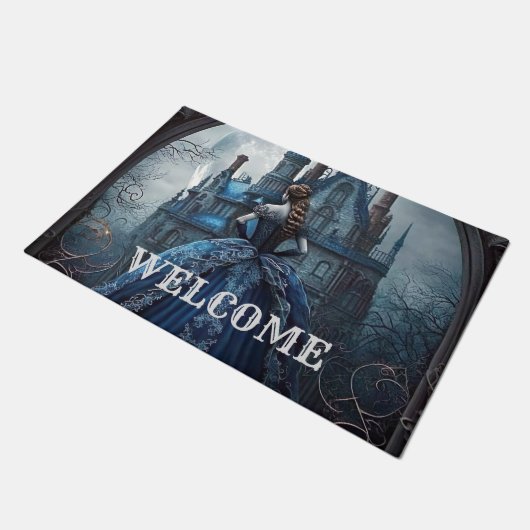 Halloween welkom spookhuis blauwe nacht eng deurmat (Schuin)