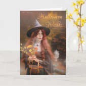 Halloween Wensen Heks Holding Herfst Boeket Kaart (Gele Bloem)
