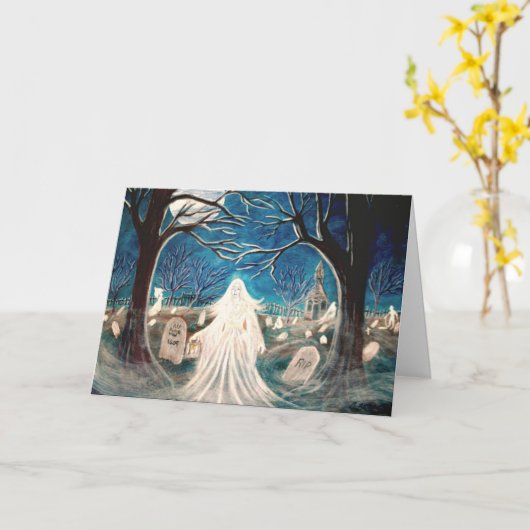 Halloween Wenskaart, kerkhof, spook, grafstenen Kaart (Gele Bloem)