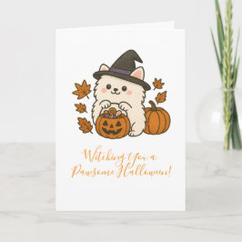 Halloween Wenskaart – Pomeranian met Heksenhoed Kaart