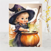 Halloween Wenskaart Schattige Heks Kaart (Gele Bloem)