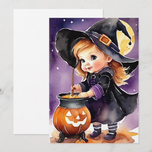 Halloween Wenskaart Schattige Kleine Heks Feestdagenkaart (Voorkant / Achterkant)