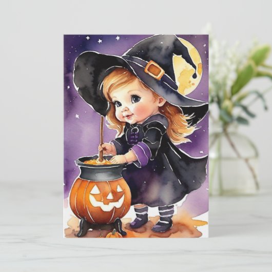 Halloween Wenskaart Schattige Kleine Heks Feestdagenkaart (Staand voorkant)
