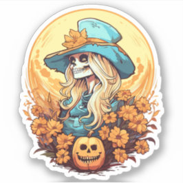 Halloween Western Cowgirl Skelet Bloemen Pompoen Sticker