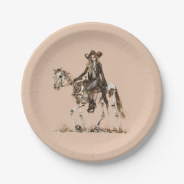 Halloween Westerse Cowgirl Skelet Paard Papieren Bordje