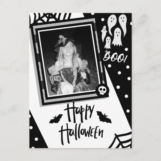 Halloween Whimsical Black & White Skull Foto Briefkaart (Voorkant)