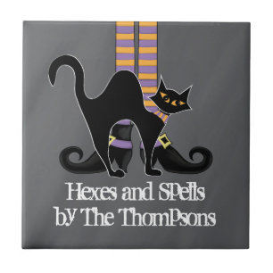 Halloween Whimsical Simple Witch Shoes Black Cat Tegeltje